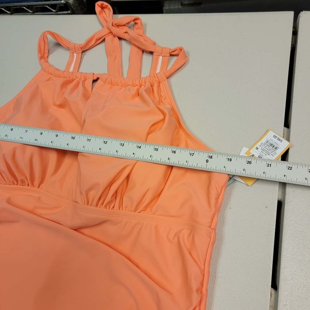 Kona Sol Coral Halter Retro Style Plus Size 20 Ruched One Piece Bathing Suit - Picture 3 of 6